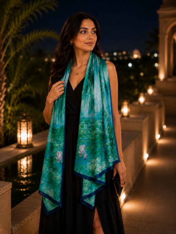 Luxury Double Layered Silk Shawl – Aqua Bloom