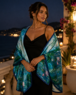 Luxury Double Layered Silk Shawl – Aqua Bloom