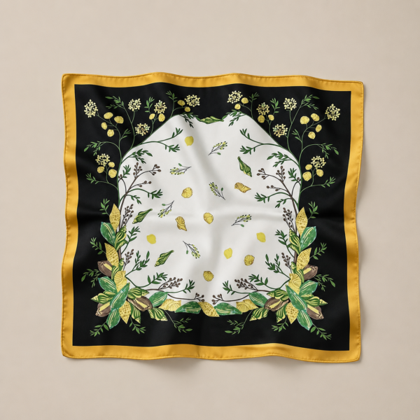 Soft Satin 70×70 Square Scarf – Golden Botanica