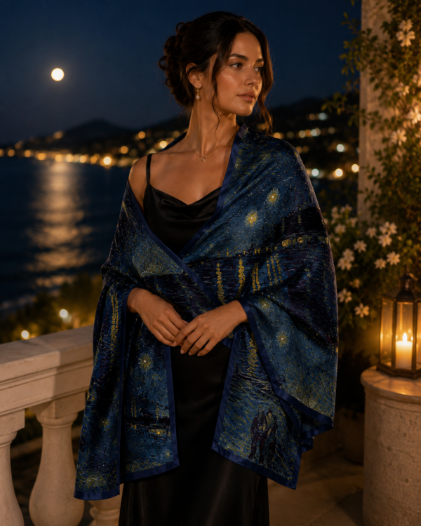 Luxury Double Layered Silk Shawl – Midnight Glow