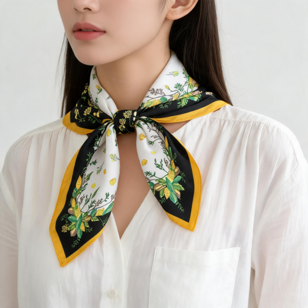 Soft Satin 70×70 Square Scarf – Golden Botanica