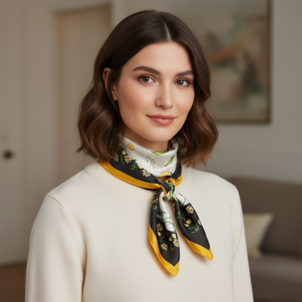 Soft Satin 70×70 Square Scarf – Golden Botanica