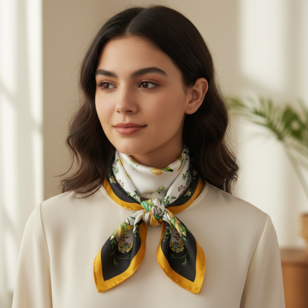 Soft Satin 70×70 Square Scarf – Golden Botanica