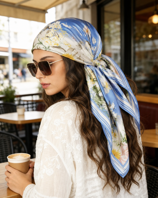 Soft Satin 70×70 Square Scarf – Sky Blossom