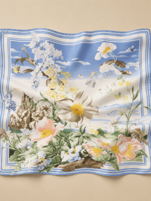 Soft Satin 70×70 Square Scarf – Sky Blossom