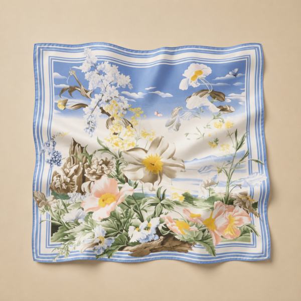 Soft Satin 70×70 Square Scarf – Sky Blossom