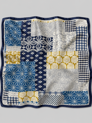 Soft Satin 70×70 Square Scarf – Indigo Mosaic