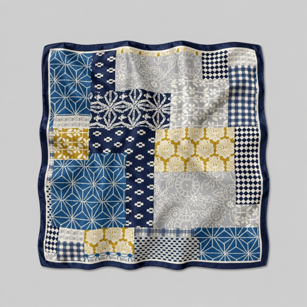 Soft Satin 70×70 Square Scarf – Indigo Mosaic