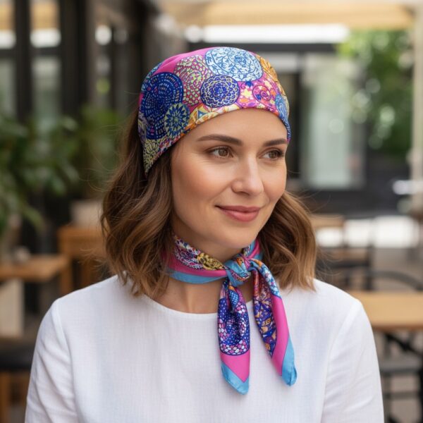 Soft Satin 70×70 Square Scarf – Azure Bloom