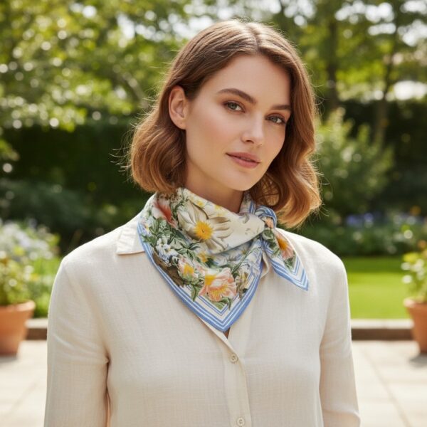 Soft Satin 70×70 Square Scarf – Sky Blossom