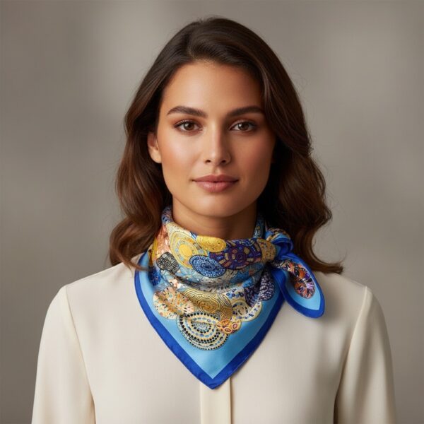 Soft Satin 70×70 Square Scarf – Sapphire Mosaic