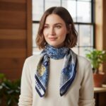 Soft Satin 70×70 Square Scarf – Indigo Mosaic