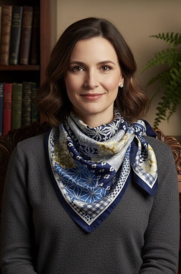 Soft Satin 70×70 Square Scarf – Indigo Mosaic