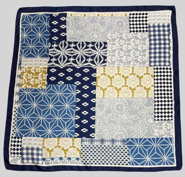 Soft Satin 70×70 Square Scarf – Indigo Mosaic